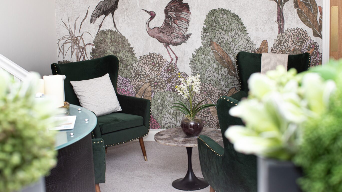 spa reception room, heron wallpaper, lake district castle inn, bassenthwaite